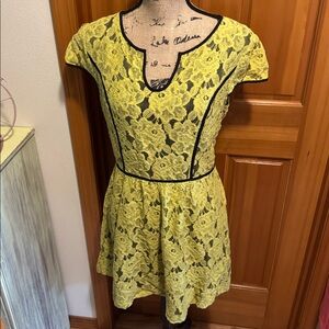 Kensie Chartreuse Lace Dress with Black Accents